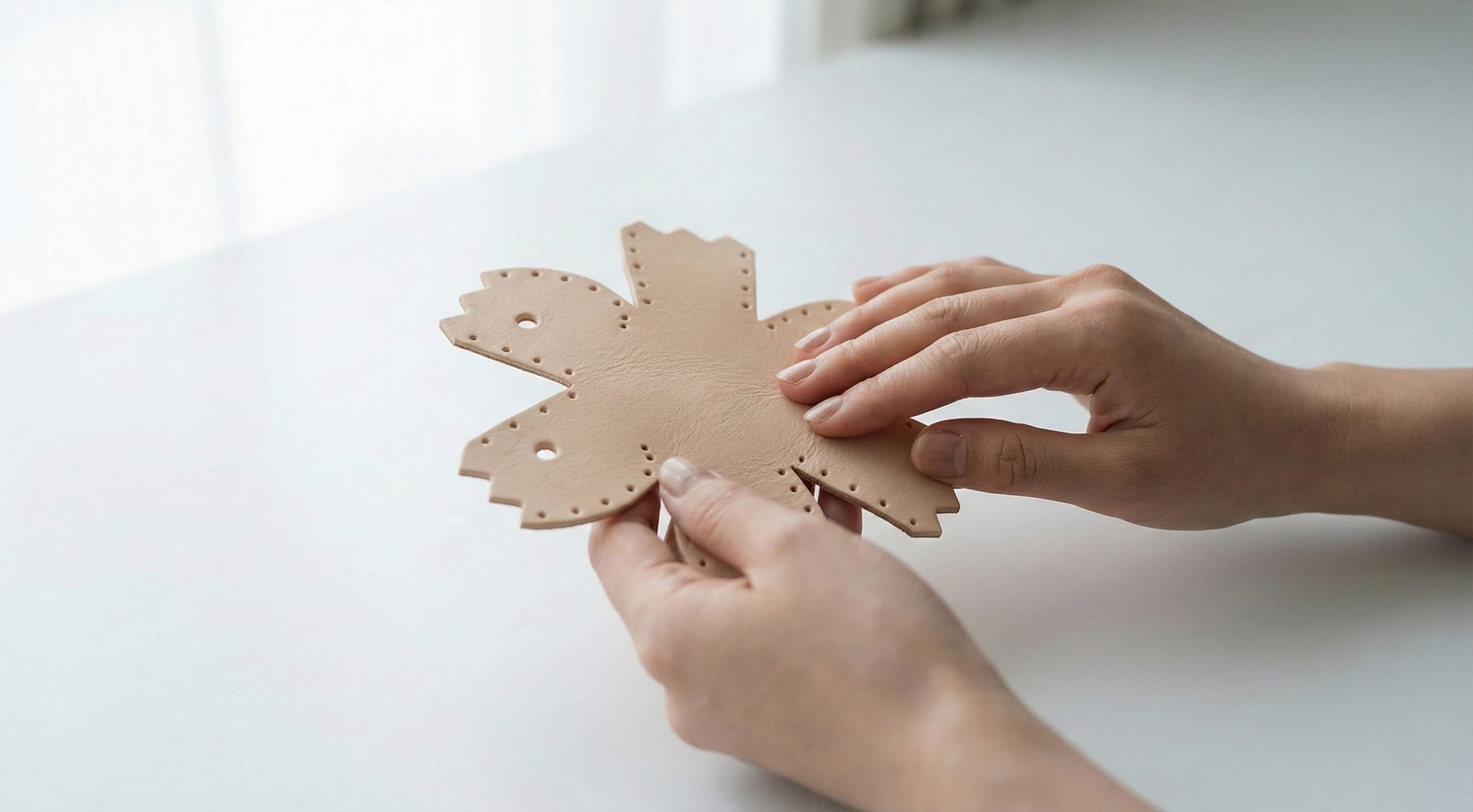 Hands gently holding a flat leather piece just before stitching begins, in soft natural light.