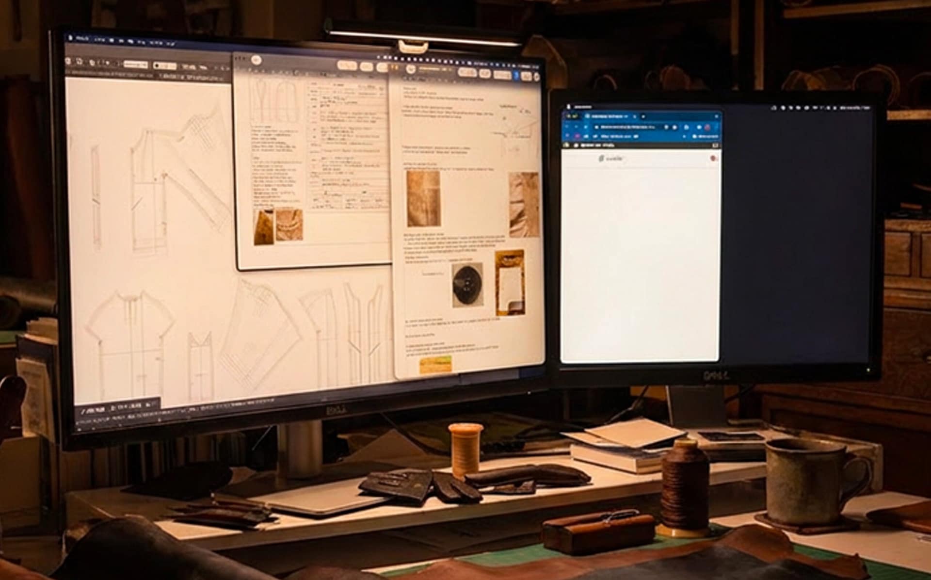 Pattern auditing desk with leather patterns and dual monitors